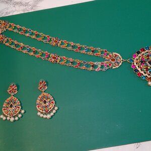 Statement Gold Tone Multicolor Necklace & Earring (408)